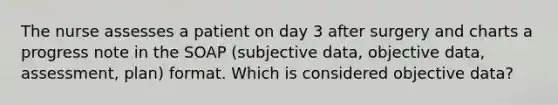 The nurse assesses a patient on day 3 after surgery and charts a progress note in the SOAP (subjective data, objective data, assessment, plan) format. Which is considered objective data?