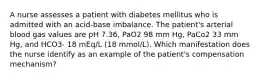 A nurse assesses a patient with diabetes mellitus who is admitted with an acid-base imbalance. The patient's arterial blood gas values are pH 7.36, PaO2 98 mm Hg, PaCo2 33 mm Hg, and HCO3- 18 mEq/L (18 mmol/L). Which manifestation does the nurse identify as an example of the patient's compensation mechanism?