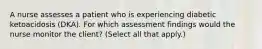 A nurse assesses a patient who is experiencing diabetic ketoacidosis (DKA). For which assessment findings would the nurse monitor the client? (Select all that apply.)