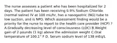 The nurse assesses a patient who has been hospitalized for 2 days. The patient has been receiving 0.9% Sodium Chloride (normal saline) IV at 100 mL/hr, has a nasogastric (NG) tube to low suction, and is NPO. Which assessment finding would be a priority for the nurse to report to the health care provider (HCP) ? A.Gradually decreasing level of consciousness (LOC) B.Weight gain of 2 pounds (1 kg) above the admission weight C.Oral temperature of 100.1° F D. Serum sodium level of 138 mEq/L