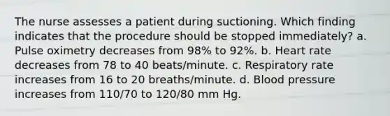 The nurse assesses a patient during suctioning. Which finding indicates that the procedure should be stopped immediately? a. Pulse oximetry decreases from 98% to 92%. b. Heart rate decreases from 78 to 40 beats/minute. c. Respiratory rate increases from 16 to 20 breaths/minute. d. Blood pressure increases from 110/70 to 120/80 mm Hg.