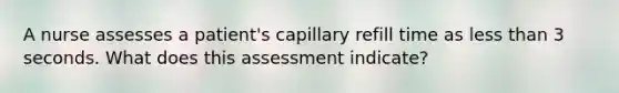 A nurse assesses a patient's capillary refill time as less than 3 seconds. What does this assessment indicate?