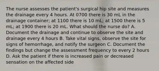 The nurse assesses the patient's surgical hip site and measures the drainage every 4 hours. At 0700 there is 30 mL in the drainage container; at 1100 there is 10 mL; at 1500 there is 5 mL; at 1900 there is 20 mL. What should the nurse do? A. Document the drainage and continue to observe the site and drainage every 4 hours B. Take vital signs, observe the site for signs of hemorrhage, and notify the surgeon C. Document the findings but change the assessment frequency to every 2 hours D. Ask the patient if there is increased pain or decreased sensation on the affected side