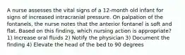 A nurse assesses the vital signs of a 12-month old infant for signs of increased intracranial pressure. On palpation of the fontanels, the nurse notes that the anterior fontanel is soft and flat. Based on this finding, which nursing action is appropriate? 1) Increase oral fluids 2) Notify the physician 3) Document the finding 4) Elevate the head of the bed to 90 degrees