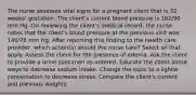 The nurse assesses vital signs for a pregnant client that is 32 weeks' gestation. The client's current blood pressure is 162/90 mm Hg. On reviewing the client's medical record, the nurse notes that the client's blood pressure at the previous visit was 140/78 mm Hg. After reporting this finding to the health care provider, which action(s) should the nurse take? Select all that apply. Assess the client for the presence of edema. Ask the client to provide a urine specimen as ordered. Educate the client about ways to decrease sodium intake. Change the topic to a lighter conversation to decrease stress. Compare the client's current and previous weights.