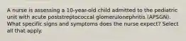 A nurse is assessing a 10-year-old child admitted to the pediatric unit with acute poststreptococcal glomerulonephritis (APSGN). What specific signs and symptoms does the nurse expect? Select all that apply.