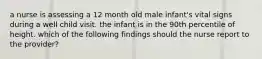 a nurse is assessing a 12 month old male infant's vital signs during a well child visit. the infant is in the 90th percentile of height. which of the following findings should the nurse report to the provider?