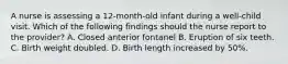 A nurse is assessing a 12-month-old infant during a well-child visit. Which of the following findings should the nurse report to the provider? A. Closed anterior fontanel B. Eruption of six teeth. C. Birth weight doubled. D. Birth length increased by 50%.