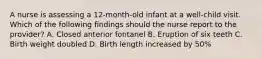 A nurse is assessing a 12-month-old infant at a well-child visit. Which of the following findings should the nurse report to the provider? A. Closed anterior fontanel B. Eruption of six teeth C. Birth weight doubled D. Birth length increased by 50%