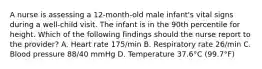 A nurse is assessing a 12-month-old male infant's vital signs during a well-child visit. The infant is in the 90th percentile for height. Which of the following findings should the nurse report to the provider? A. Heart rate 175/min B. Respiratory rate 26/min C. Blood pressure 88/40 mmHg D. Temperature 37.6°C (99.7°F)