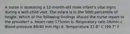 A nurse is assessing a 12-month-old male infant's vital signs during a well-child visit. The infant is in the 90th percentile of height. Which of the following findings should the nurse report to the provider? a. Heart rate 175/min b. Respiratory rate 26/min c. Blood pressure 88/40 mm Hg) d. Temperature 37.6° C (99.7° F