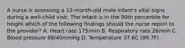 A nurse is assessing a 12-month-old male infant's vital signs during a well-child visit. The infant is in the 90th percentile for height which of the following findings should the nurse report to the provider? A. Heart rate 175/min B. Respiratory rate 26/min C. Blood pressure 88/40mmHg D. Temperature 37.6C (99.7F)