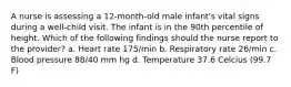 A nurse is assessing a 12-month-old male infant's vital signs during a well-child visit. The infant is in the 90th percentile of height. Which of the following findings should the nurse report to the provider? a. Heart rate 175/min b. Respiratory rate 26/min c. Blood pressure 88/40 mm hg d. Temperature 37.6 Celcius (99.7 F)