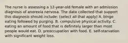 The nurse is assessing a 12-year-old female with an admission diagnosis of anorexia nervosa. The data collected that support this diagnosis should include: (select all that apply) A. binge eating followed by purging. B. compulsive physical activity. C. eating an amount of food that is definitely larger than most people would eat. D. preoccupation with food. E. self-starvation with significant weight loss.