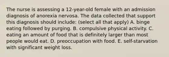 The nurse is assessing a 12-year-old female with an admission diagnosis of anorexia nervosa. The data collected that support this diagnosis should include: (select all that apply) A. binge eating followed by purging. B. compulsive physical activity. C. eating an amount of food that is definitely larger than most people would eat. D. preoccupation with food. E. self-starvation with significant weight loss.