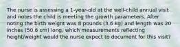 The nurse is assessing a 1-year-old at the well-child annual visit and notes the child is meeting the growth parameters. After noting the birth weight was 8 pounds (3.6 kg) and length was 20 inches (50.8 cm) long, which measurements reflecting height/weight would the nurse expect to document for this visit?