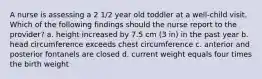 A nurse is assessing a 2 1/2 year old toddler at a well-child visit. Which of the following findings should the nurse report to the provider? a. height increased by 7.5 cm (3 in) in the past year b. head circumference exceeds chest circumference c. anterior and posterior fontanels are closed d. current weight equals four times the birth weight