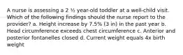 A nurse is assessing a 2 ½ year-old toddler at a well-child visit. Which of the following findings should the nurse report to the provider? a. Height increase by 7.5% (3 in) in the past year b. Head circumference exceeds chest circumference c. Anterior and posterior fontanelles closed d. Current weight equals 4x birth weight