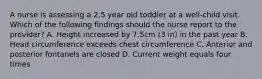 A nurse is assessing a 2.5 year old toddler at a well-child visit. Which of the following findings should the nurse report to the provider? A. Height increased by 7.5cm (3 in) in the past year B. Head circumference exceeds chest circumference C. Anterior and posterior fontanels are closed D. Current weight equals four times