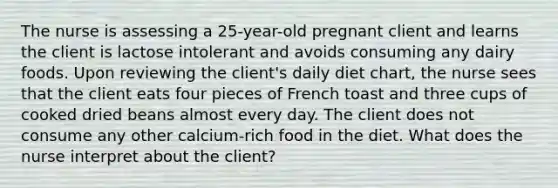 The nurse is assessing a 25-year-old pregnant client and learns the client is lactose intolerant and avoids consuming any dairy foods. Upon reviewing the client's daily diet chart, the nurse sees that the client eats four pieces of French toast and three cups of cooked dried beans almost every day. The client does not consume any other calcium-rich food in the diet. What does the nurse interpret about the client?