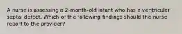 A nurse is assessing a 2-month-old infant who has a ventricular septal defect. Which of the following findings should the nurse report to the provider?