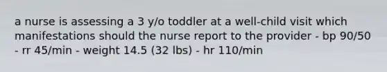 a nurse is assessing a 3 y/o toddler at a well-child visit which manifestations should the nurse report to the provider - bp 90/50 - rr 45/min - weight 14.5 (32 lbs) - hr 110/min