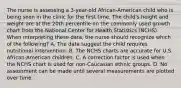 The nurse is assessing a 3-year-old African-American child who is being seen in the clinic for the first time. The child's height and weight are at the 20th percentile on the commonly used growth chart from the National Center for Health Statistics (NCHS). When interpreting these data, the nurse should recognize which of the following? A. The data suggest the child requires nutritional intervention. B. The NCHS charts are accurate for U.S. African-American children. C. A correction factor is used when the NCHS chart is used for non-Caucasian ethnic groups. D. No assessment can be made until several measurements are plotted over time.