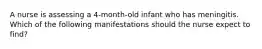 A nurse is assessing a 4-month-old infant who has meningitis. Which of the following manifestations should the nurse expect to find?