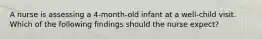 A nurse is assessing a 4-month-old infant at a well-child visit. Which of the following findings should the nurse expect?