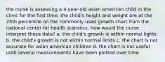 the nurse is assessing a 4-year-old asian american child in the clinic for the first time. the child's height and weight are at the 25th percentile on the commonly used growth chart from the national center for health statistics. how would the nurse interpret these data? a. the child's growth is within normal lights b. the child's growth is not within normal limits c. the chart is not accurate for asian american children d. the chart is not useful until several measurements have been plotted over time