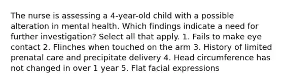 The nurse is assessing a 4-year-old child with a possible alteration in mental health. Which findings indicate a need for further investigation? Select all that apply. 1. Fails to make eye contact 2. Flinches when touched on the arm 3. History of limited prenatal care and precipitate delivery 4. Head circumference has not changed in over 1 year 5. Flat facial expressions