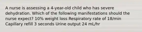 A nurse is assessing a 4-year-old child who has severe dehydration. Which of the following manifestations should the nurse expect? 10% weight loss Respiratory rate of 18/min Capillary refill 3 seconds Urine output 24 mL/hr