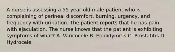 A nurse is assessing a 55 year old male patient who is complaining of perineal discomfort, burning, urgency, and frequency with urination. The patient reports that he has pain with ejaculation. The nurse knows that the patient is exhibiting symptoms of what? A. Varicocele B. Epididymitis C. Prostatitis D. Hydrocele