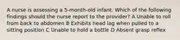 A nurse is assessing a 5-month-old infant. Which of the following findings should the nurse report to the provider? A Unable to roll from back to abdomen B Exhibits head lag when pulled to a sitting position C Unable to hold a bottle D Absent grasp reflex