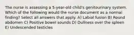 The nurse is assessing a 5-year-old child's genitourinary system. Which of the following would the nurse document as a normal finding? Select all answers that apply. A) Labial fusion B) Round abdomen C) Positive bowel sounds D) Dullness over the spleen E) Undescended testicles