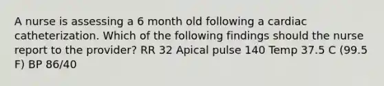 A nurse is assessing a 6 month old following a cardiac catheterization. Which of the following findings should the nurse report to the provider? RR 32 Apical pulse 140 Temp 37.5 C (99.5 F) BP 86/40