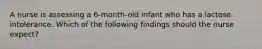 A nurse is assessing a 6-month-old infant who has a lactose intolerance. Which of the following findings should the nurse expect?