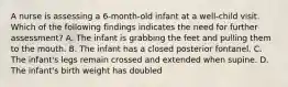 A nurse is assessing a 6-month-old infant at a well-child visit. Which of the following findings indicates the need for further assessment? A. The infant is grabbing the feet and pulling them to the mouth. B. The infant has a closed posterior fontanel. C. The infant's legs remain crossed and extended when supine. D. The infant's birth weight has doubled