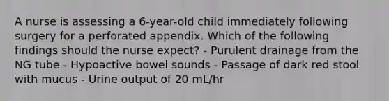 A nurse is assessing a 6-year-old child immediately following surgery for a perforated appendix. Which of the following findings should the nurse expect? - Purulent drainage from the NG tube - Hypoactive bowel sounds - Passage of dark red stool with mucus - Urine output of 20 mL/hr