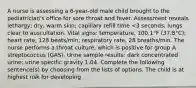 A nurse is assessing a 6-year-old male child brought to the pediatrician's office for sore throat and fever. Assessment reveals lethargy; dry, warm skin; capillary refill time <3 seconds; lungs clear to auscultation. Vital signs: temperature, 100.1°F (37.8°C); heart rate, 128 beats/min; respiratory rate, 28 breaths/min. The nurse performs a throat culture, which is positive for group A streptococcus (GAS). Urine sample results: dark concentrated urine; urine specific gravity 1.04. Complete the following sentence(s) by choosing from the lists of options. The child is at highest risk for developing