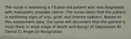 The nurse is assessing a 73-year-old patient who was diagnosed with metastatic prostate cancer. The nurse notes that the patient is exhibiting signs of loss, grief, and intense sadness. Based on this assessment data, the nurse will document that the patient is most likely in what stage of death and dying? A) Depression B) Denial C) Anger D) Resignation