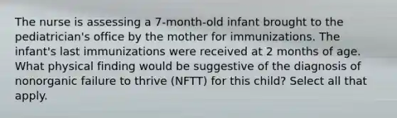 The nurse is assessing a 7-month-old infant brought to the pediatrician's office by the mother for immunizations. The infant's last immunizations were received at 2 months of age. What physical finding would be suggestive of the diagnosis of nonorganic failure to thrive (NFTT) for this child? Select all that apply.