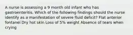 A nurse is assessing a 9 month old infant who has gastroenteritis. Which of the following findings should the nurse identify as a manifestation of severe fluid deficit? Flat anterior fontanel Dry hot skin Loss of 5% weight Absence of tears when crying