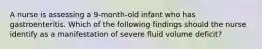 A nurse is assessing a 9-month-old infant who has gastroenteritis. Which of the following findings should the nurse identify as a manifestation of severe fluid volume deficit?