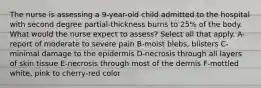 The nurse is assessing a 9-year-old child admitted to the hospital with second degree partial-thickness burns to 25% of the body. What would the nurse expect to assess? Select all that apply. A-report of moderate to severe pain B-moist blebs, blisters C-minimal damage to the epidermis D-necrosis through all layers of skin tissue E-necrosis through most of the dermis F-mottled white, pink to cherry-red color