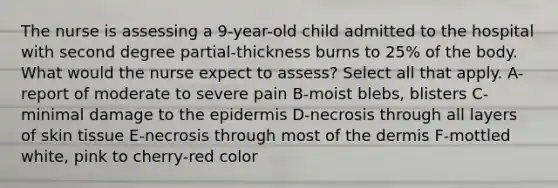 The nurse is assessing a 9-year-old child admitted to the hospital with second degree partial-thickness burns to 25% of the body. What would the nurse expect to assess? Select all that apply. A-report of moderate to severe pain B-moist blebs, blisters C-minimal damage to the epidermis D-necrosis through all layers of skin tissue E-necrosis through most of the dermis F-mottled white, pink to cherry-red color