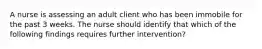 A nurse is assessing an adult client who has been immobile for the past 3 weeks. The nurse should identify that which of the following findings requires further intervention?