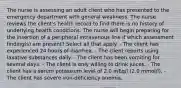 The nurse is assessing an adult client who has presented to the emergency department with general weakness. The nurse reviews the client's health record to find there is no history of underlying health conditions. The nurse will begin preparing for the insertion of a peripheral intravenous line if which assessment finding(s) are present? Select all that apply. - The client has experienced 24 hours of diarrhea. - The client reports using laxative substances daily. - The client has been vomiting for several days. - The client is only willing to drink juices. - The client has a serum potassium level of 2.0 mEq/l (2.0 mmol/l). - The client has severe iron-deficiency anemia.