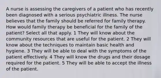 A nurse is assessing the caregivers of a patient who has recently been diagnosed with a serious psychiatric illness. The nurse believes that the family should be referred for family therapy. How would family therapy be beneficial for the family of the patient? Select all that apply. 1 They will know about the community resources that are useful for the patient. 2 They will know about the techniques to maintain basic health and hygiene. 3 They will be able to deal with the symptoms of the patient effectively. 4 They will know the drugs and their dosage required for the patient. 5 They will be able to accept the illness of the patient.