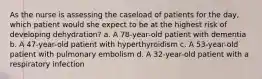 As the nurse is assessing the caseload of patients for the day, which patient would she expect to be at the highest risk of developing dehydration? a. A 78-year-old patient with dementia b. A 47-year-old patient with hyperthyroidism c. A 53-year-old patient with pulmonary embolism d. A 32-year-old patient with a respiratory infection